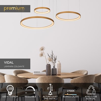 Lucide VIDAL - Lámpara colgante - Ø 78 cm - LED Regul. - 1x120W 2700K - Oro mate / Latón | Premium